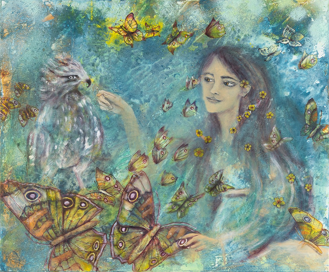 Kurdish Girl feeding the eagle